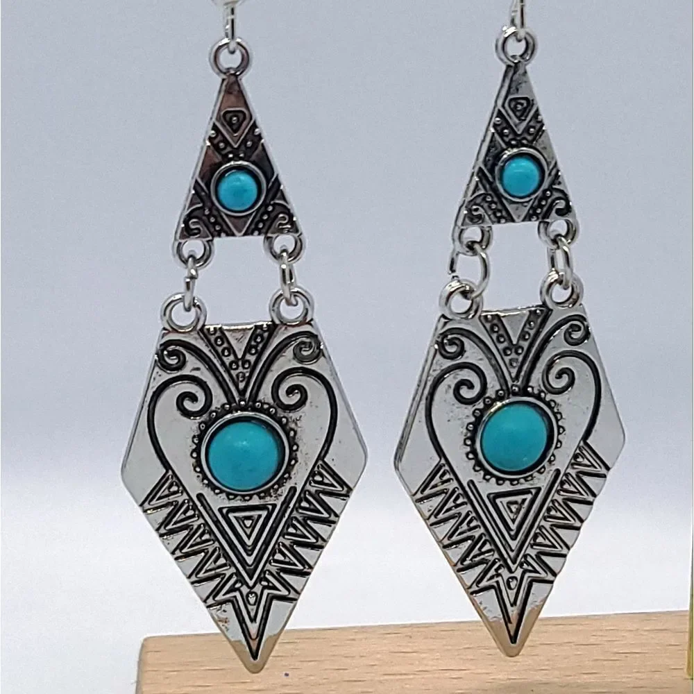 Turquoise Dangle Earrings Western Boho Tribal Silver Statement Drop Festival